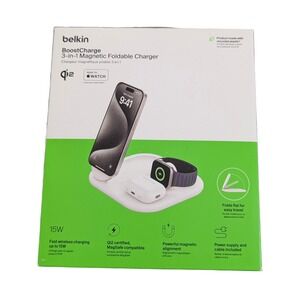 BbN Belkin Boost Charge 3-in-1 Qi2 15W Magnetic Foldable Charger w/ Magsafe Whte